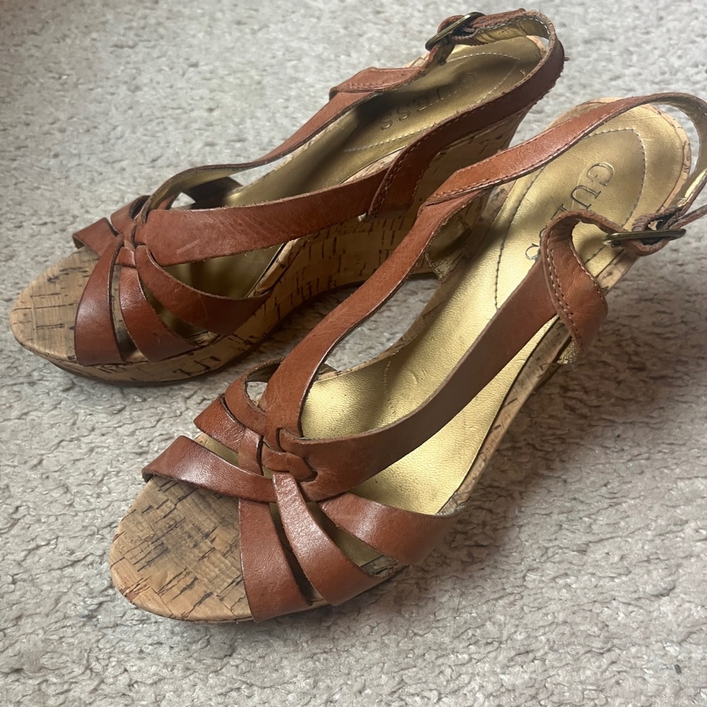 Gorgeous Guess Brown Leather Wedge Heels Sandals Espadrilles Platforms 7